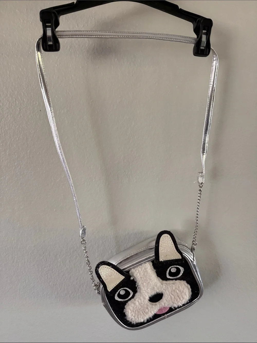 Young girls Black, Cream & Pink Plush Dog Face Crossbody Bag